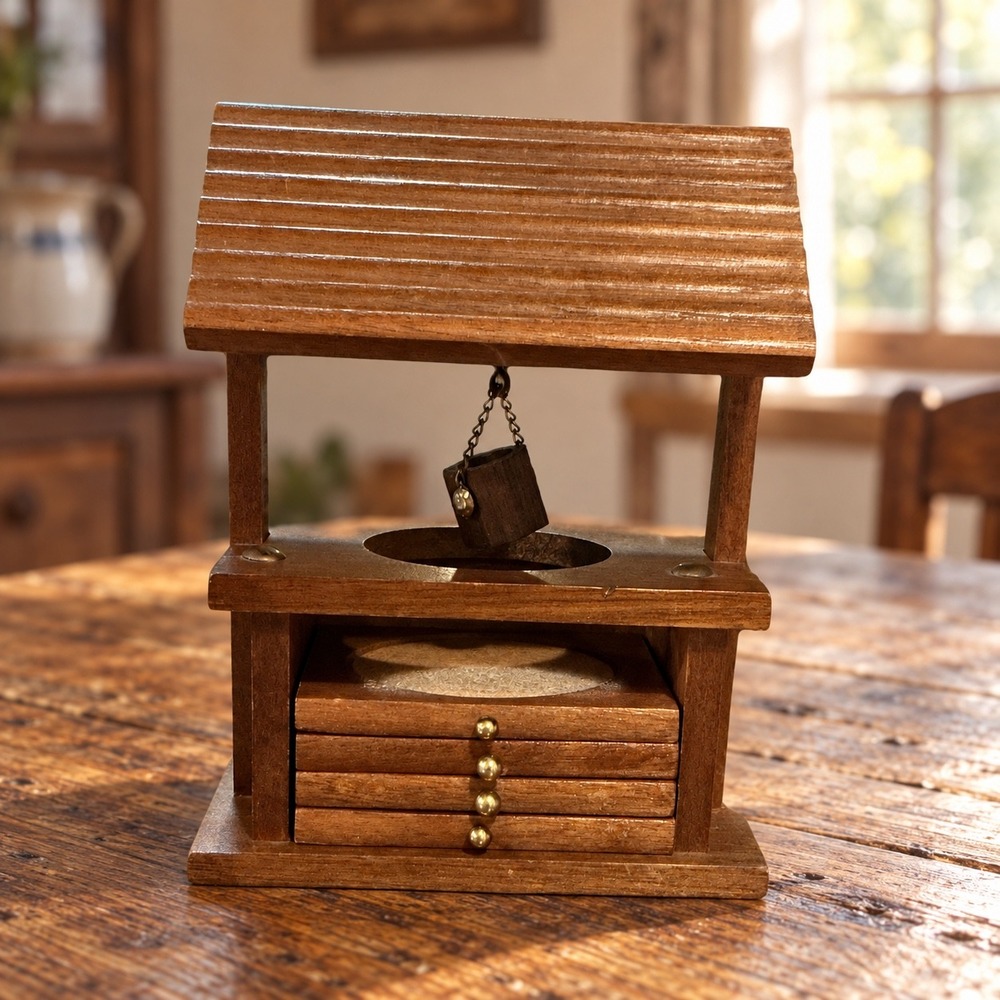 Vintage Wood Wishing Well Coaster Set Rustic Brown Farmhouse Decor 4 Coasters